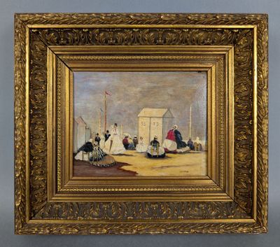 a painting of a group of people on a beach with a boat in the background