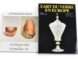 two books on art and design in europe and a glass vase