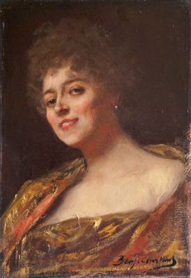 un tableau représentant une femme en robe dorée