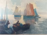a painting of a group of boats on the water