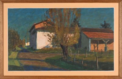 GUION (XXe siècle) Ferme Huile sur carton