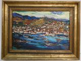 peinture d'une vue d'une ville avec une rivière au premier plan