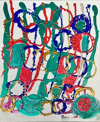peinture abstraite représentant un tableau aux couleurs variées sur fond blanc