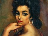 a painting of a woman in a red dress with her hand on her chin