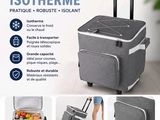 une image représentant un sac isotherme gris à roulettes et poignées