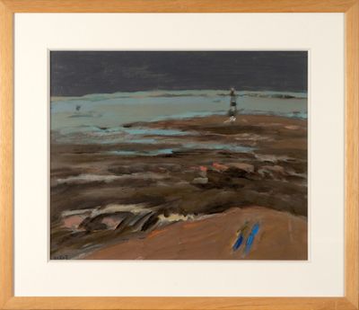 an image of a painting of a lighthouse on a rocky beach