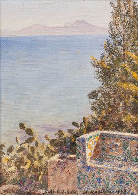 une peinture à l'huile représentant un banc donnant sur un plan d'eau