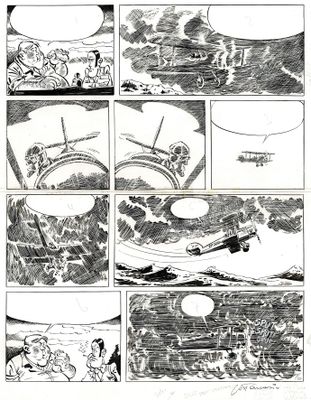 une image représentant une bande dessinée en noir et blanc avec un avion dans le ciel