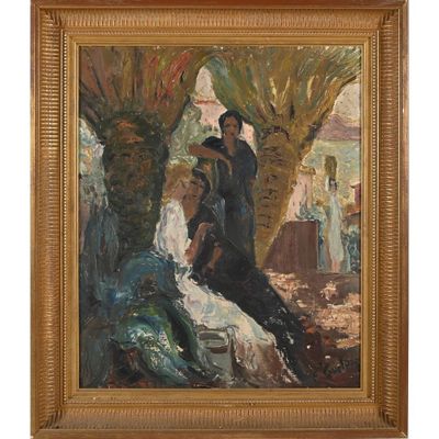 une peinture à l'huile représentant une femme assise sous un arbre dans un parc