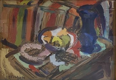 une peinture représentant une assiette de nourriture posée sur une table