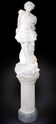 marble statue of a woman holding a child on a pedestal