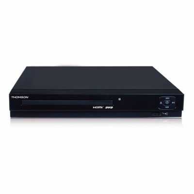 a black dvd player sitting on top of a white surface