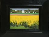a painting of a field of yellow flowers with a barn in the background