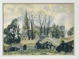 a painting of a group of people standing in front of tents