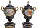pair of antique vases with floral designs on them on pedestals