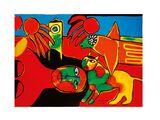 une peinture abstraite représentant un chat et un oiseau sur fond rouge