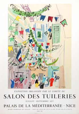 une image représentant un tableau illustrant une scène de rue avec des drapeaux et des guirlandes