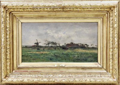 une peinture à l'huile représentant un paysage avec un moulin à vent au loin