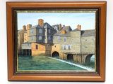 painting of a painting of a bridge over a river with a building in the background