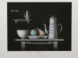 an image of a painting of a table with a bowl of fruit and a teapot on it