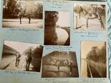 several old black and white photos of horses and people on a road