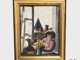 un tableau représentant une femme assise à une table près d'une fenêtre