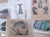 many pictures of women ' s hats and dresses on the wall