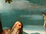 an image of a painting of a man sitting on a rock with a cross