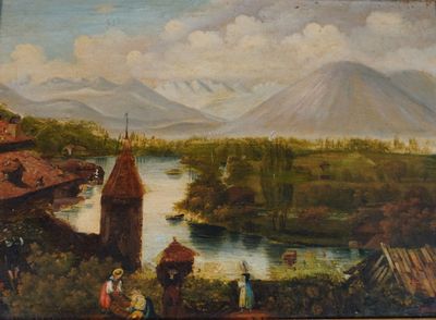 a painting on the wall of a building with a mountain in the background