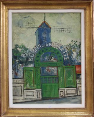 une peinture à l'huile représentant un bâtiment écologique avec une tour horloge en arrière-plan
