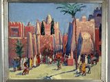 an oil painting of a street scene with a palm tree in the foreground