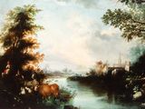 a painting of a man with a horse and a cow by a river