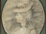 portrait of a woman in a hat and dress with a feather on her head