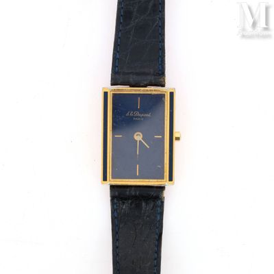 an image of a gold plated wrist watch on a black leather strap