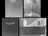 four black and white photographs of a table with a lamp on top of it