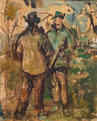 une peinture à l'huile représentant deux hommes debout côte à côte dans un champ