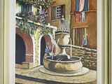 painting of a water fountain in front of a building with clothes hanging out to dry