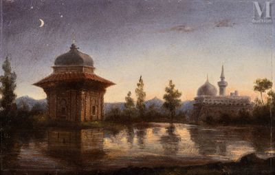 tableau représentant une mosquée et un plan d'eau