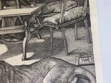 un dessin représentant un chien allongé par terre à côté d'une chaise