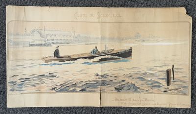 a drawing of two people in a boat on the water