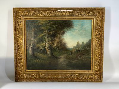 a painting of a wooded landscape with trees and a stream