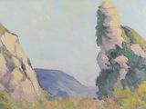 a painting of a rock formation in the middle of a field