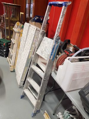 a cat that is sitting on the floor next to a ladder