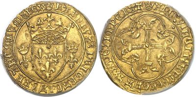 a gold coin with a crown on the front and a shield on the back