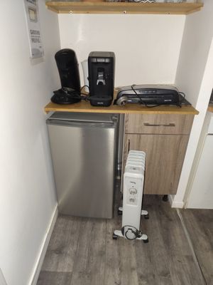 une petite cuisine équipée d'un réfrigérateur, d'un micro-ondes et d'un grille-pain posés sur le plan de travail