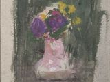 a painting of flowers in a vase on a table