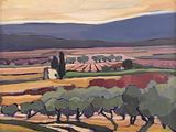 une image représentant un tableau représentant un paysage avec des arbres et une route
