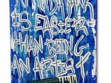 a blue and white poster with graffiti writing on it