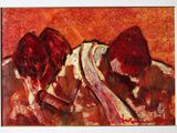 peinture abstraite représentant deux artichauts sur fond rouge