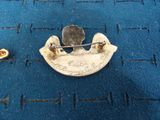 a silver pin with a bird on it sitting on a blue surface